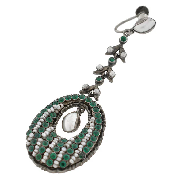 Arts & Crafts Era Austro-Hungarian Sterling Gilt, Pearl & Faux Emerald Earrings - Image 3