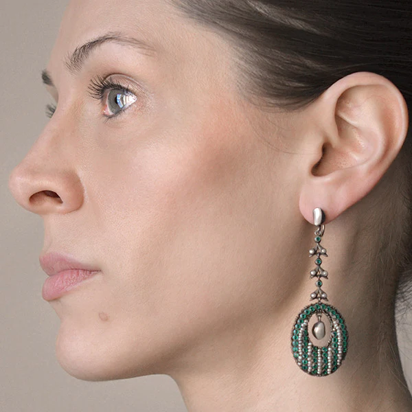Arts & Crafts Era Austro-Hungarian Sterling Gilt, Pearl & Faux Emerald Earrings - Image 7