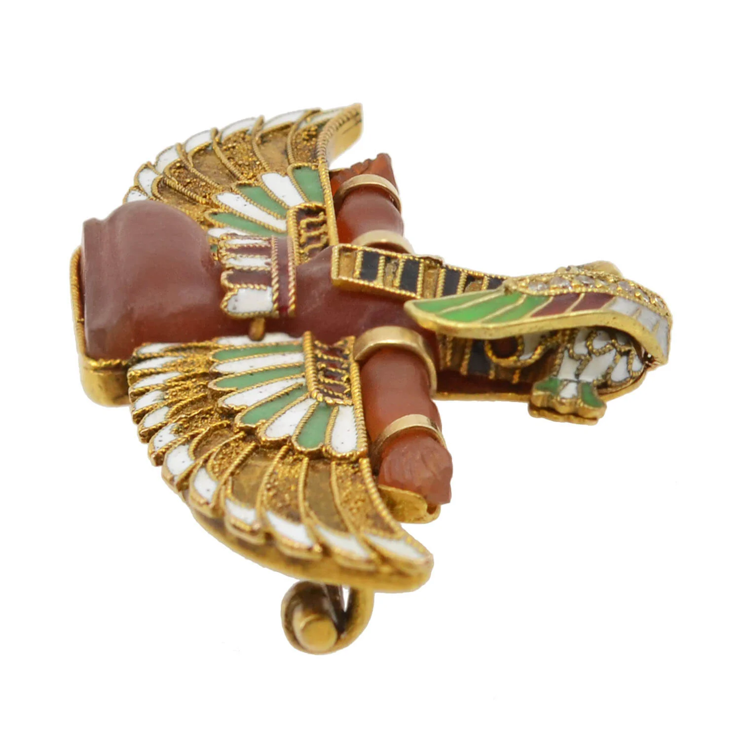 CARL BACHER Victorian Egyptian Revival 14kt Carnelian + Diamond Pharaoh Pin - Image 3