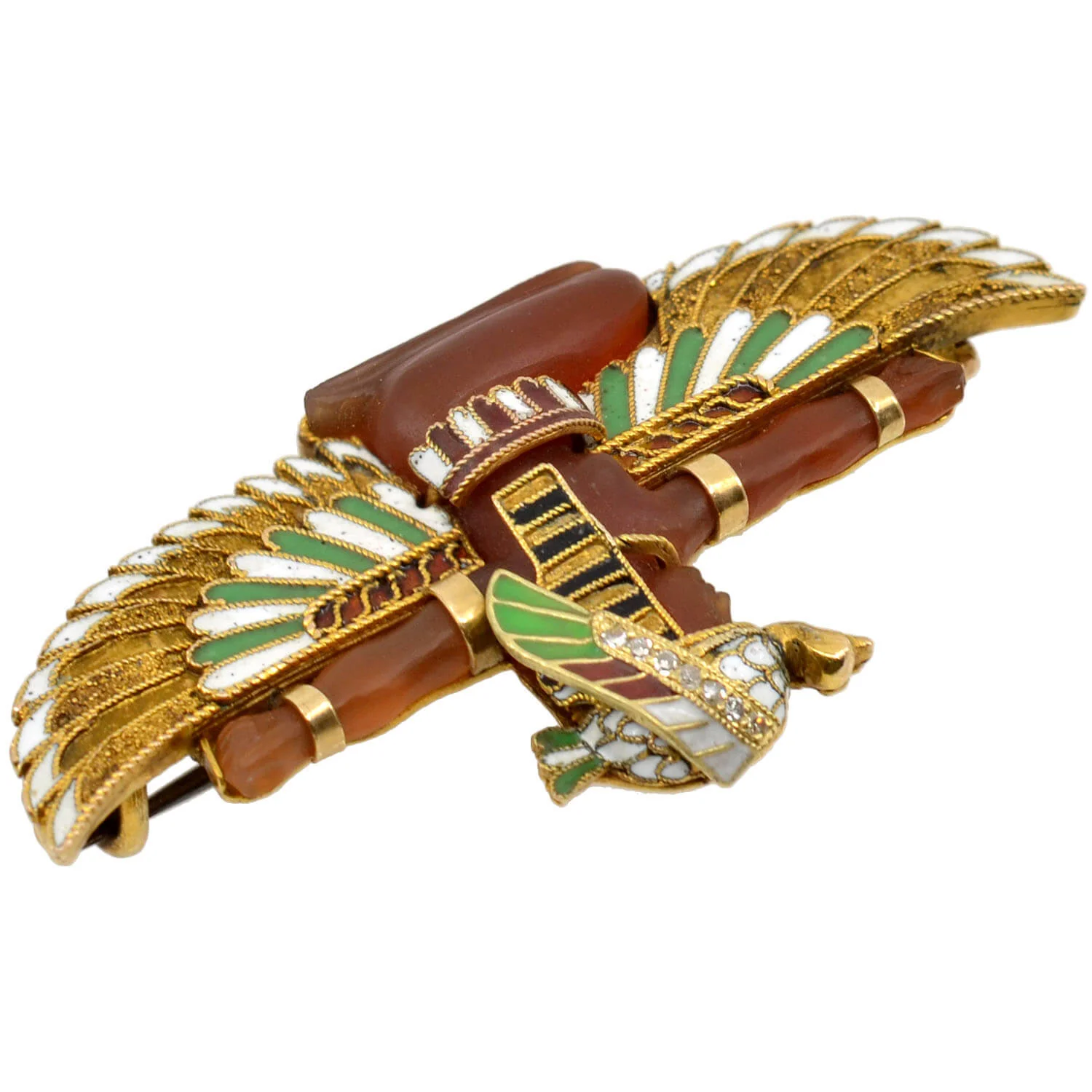 CARL BACHER Victorian Egyptian Revival 14kt Carnelian + Diamond Pharaoh Pin - Image 4