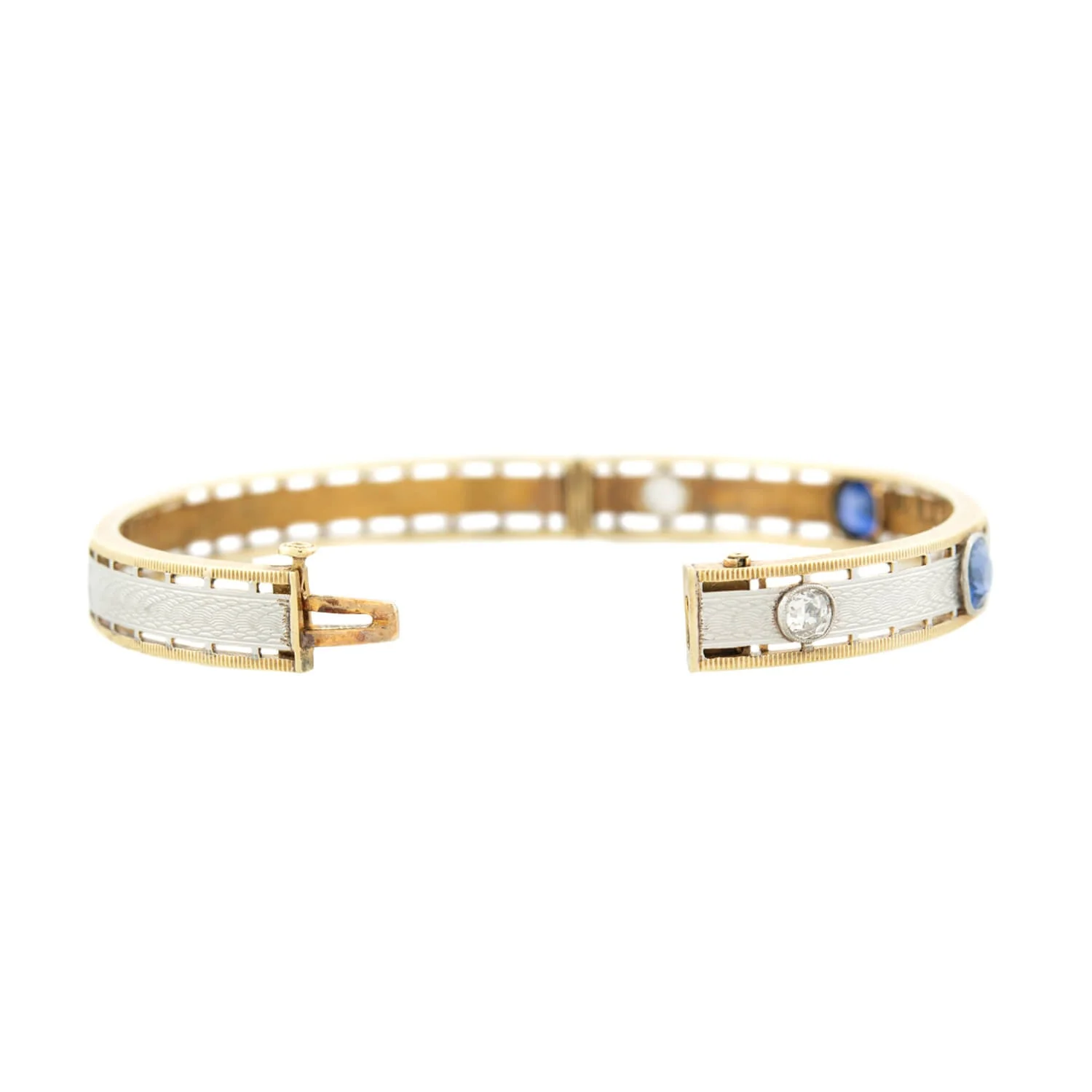 Edwardian Krementz 14k/Platinum Diamond & Sapphire Bangle Bracelet - Image 7