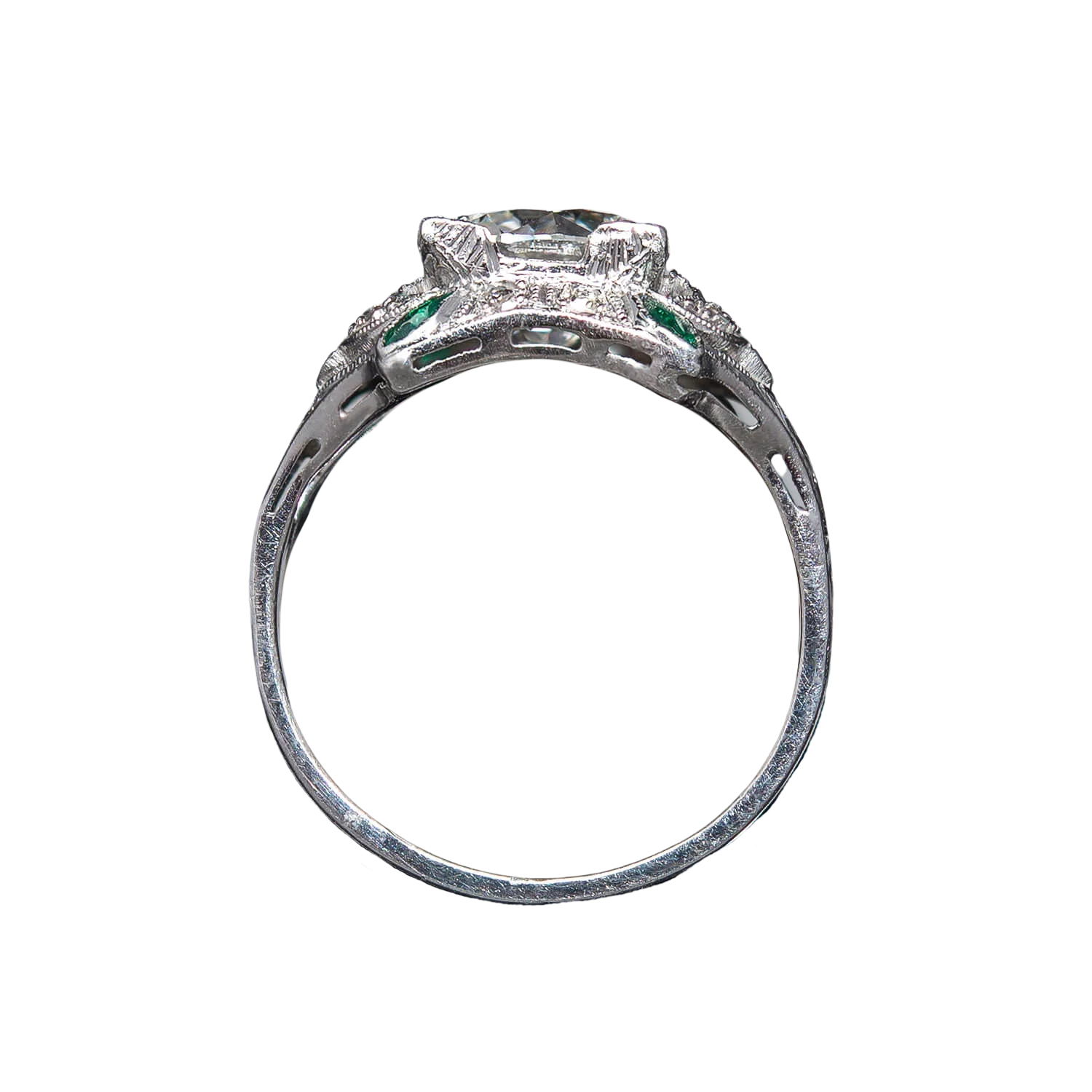 Art Deco Platinum Diamond + Emerald Engagement Ring 1.78ct - Image 4