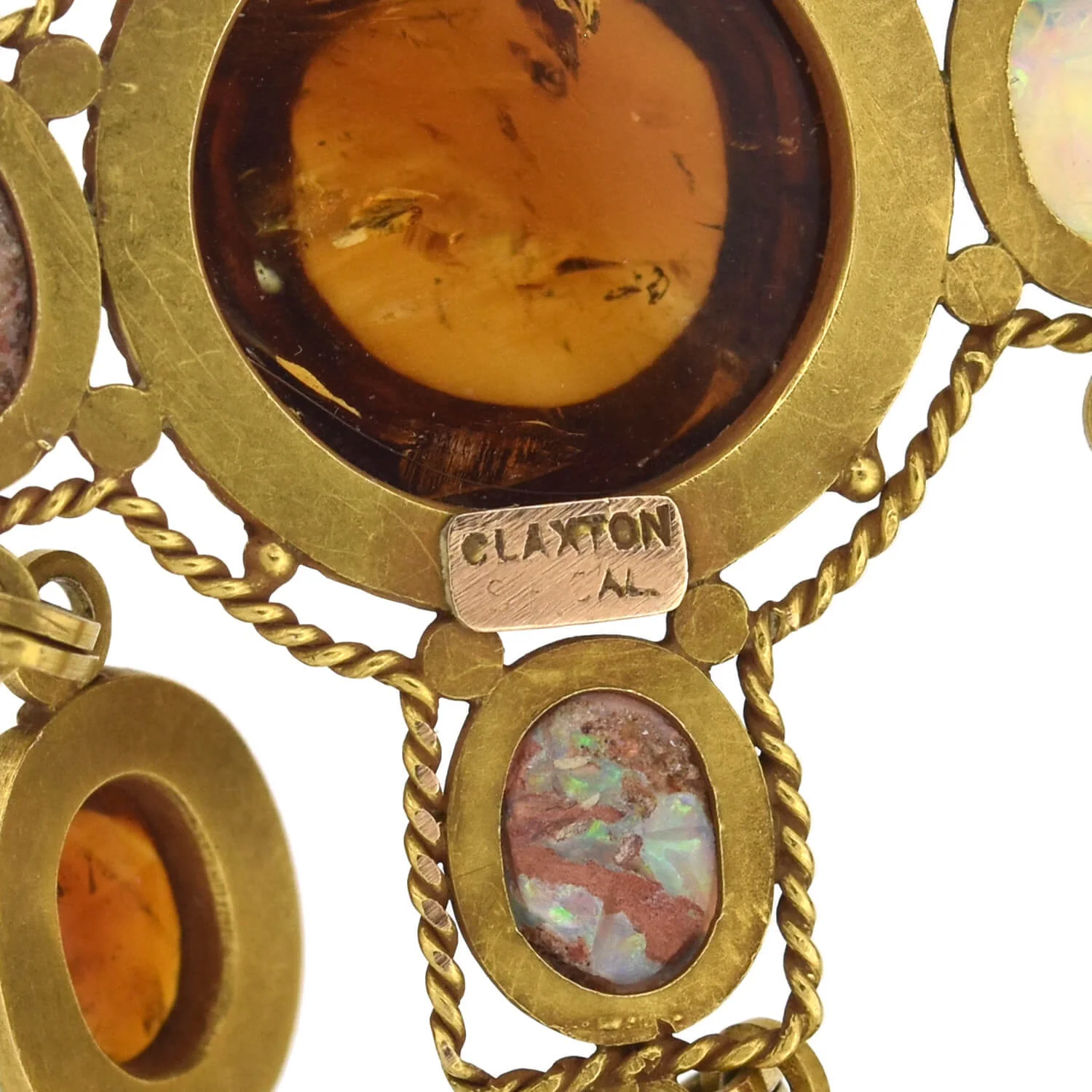 Art Nouveau Egyptian Revival 14kt Amber + Carved Opal Scarab Necklace - Image 5