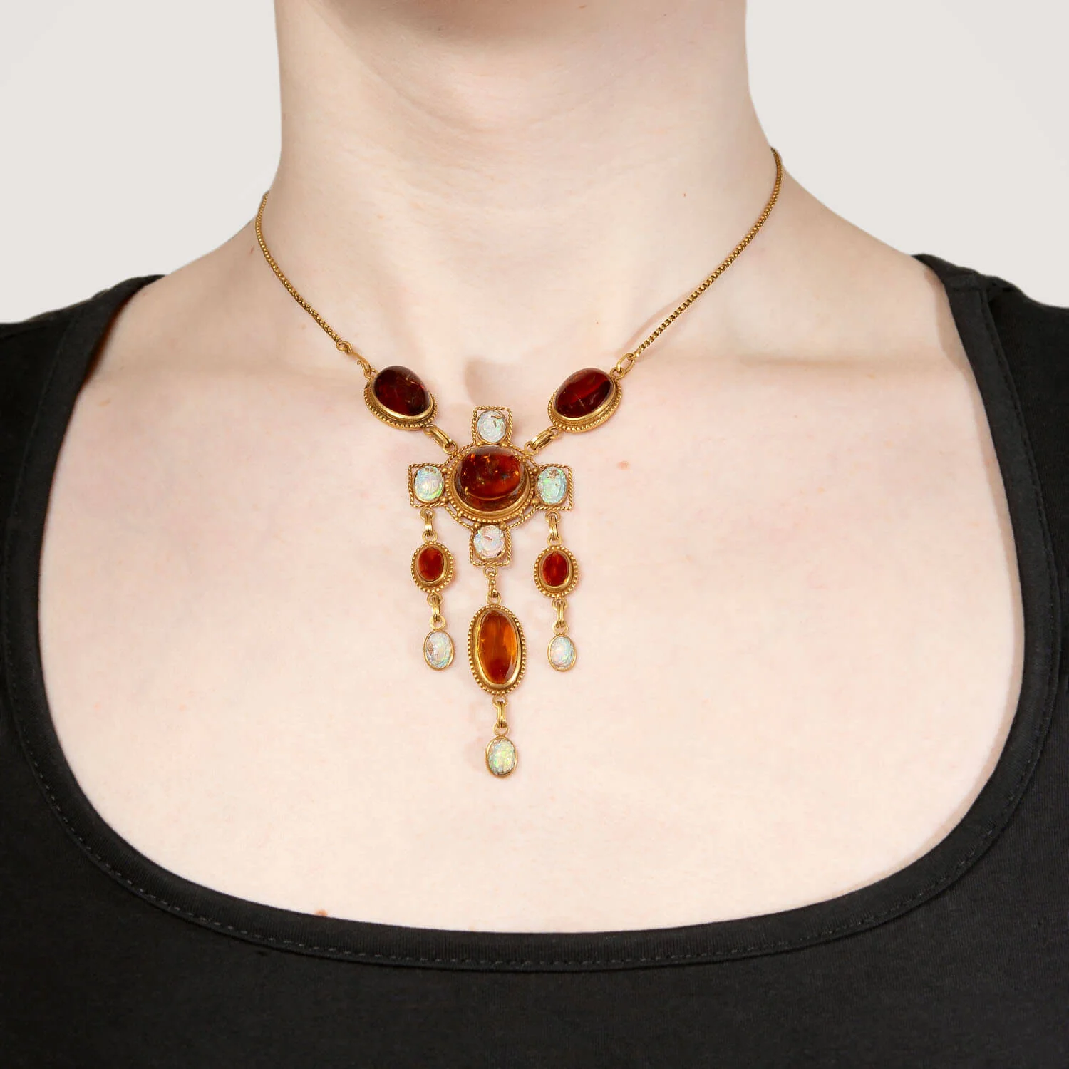 Art Nouveau Egyptian Revival 14kt Amber + Carved Opal Scarab Necklace - Image 7