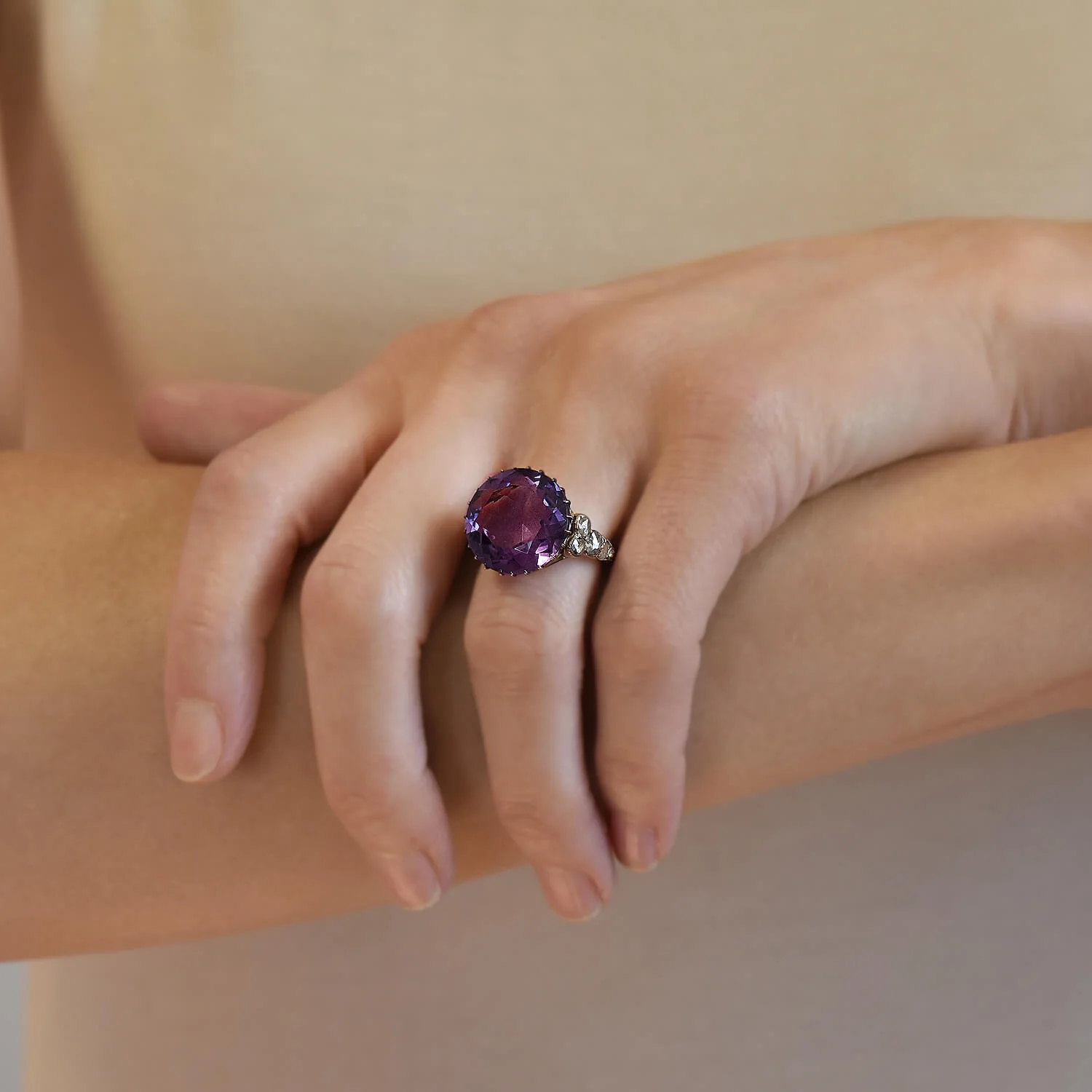 Edwardian 14kt Large 14ct Amethyst + Diamond Ring - Image 6