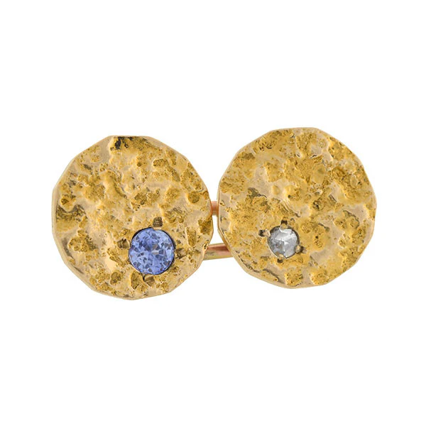 Edwardian 14kt Textured Gold Diamond & Sapphire Cufflinks - Image 2