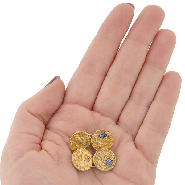 Edwardian 14kt Textured Gold Diamond & Sapphire Cufflinks - Image 6