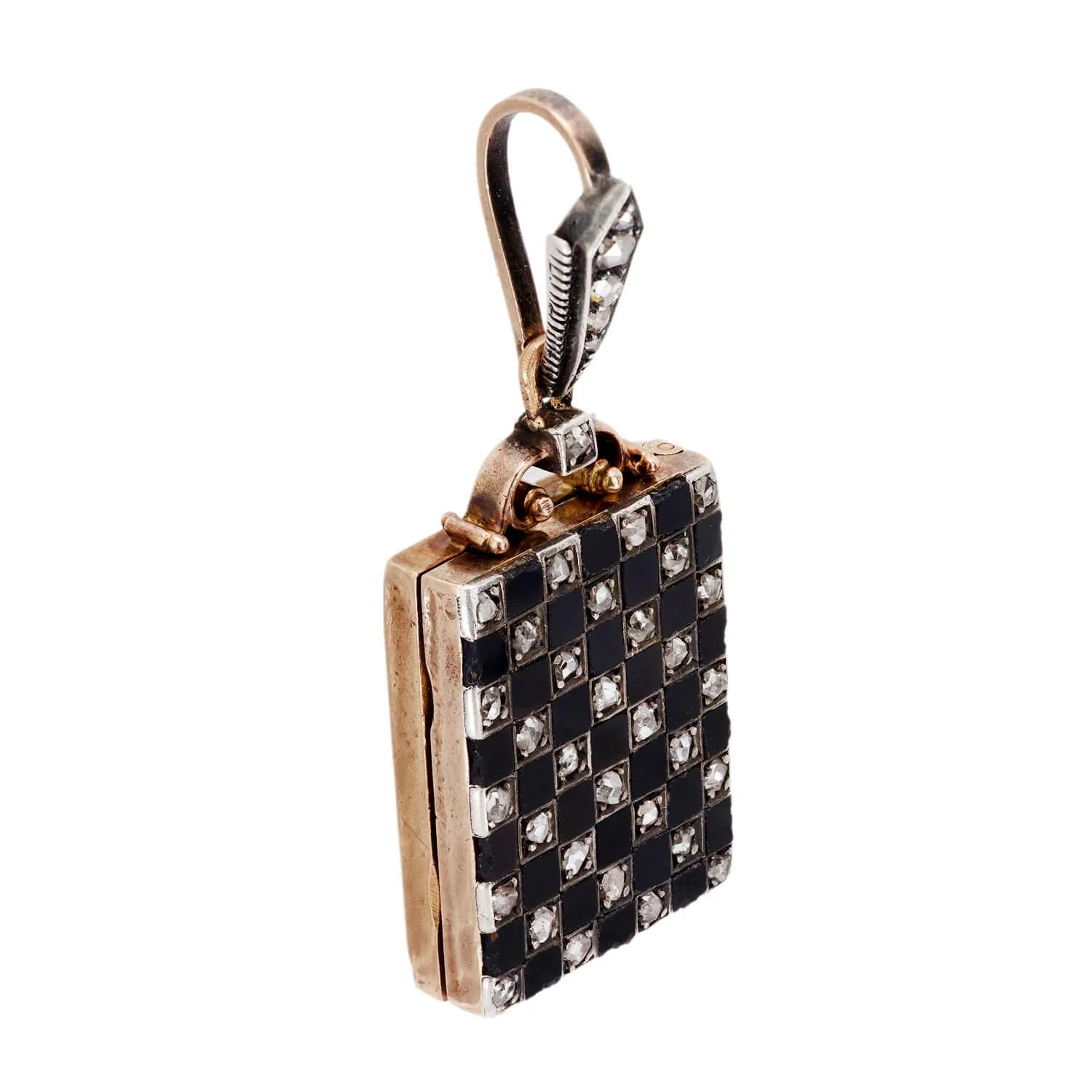Edwardian 18kt Platinum Onyx & Diamond Checkerboard Locket - Image 3