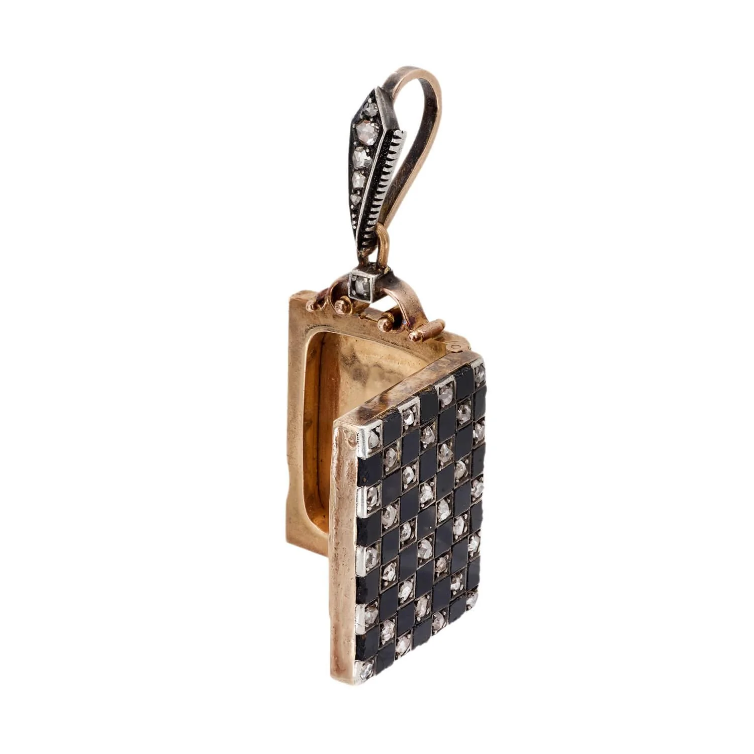 Edwardian 18kt Platinum Onyx & Diamond Checkerboard Locket - Image 4