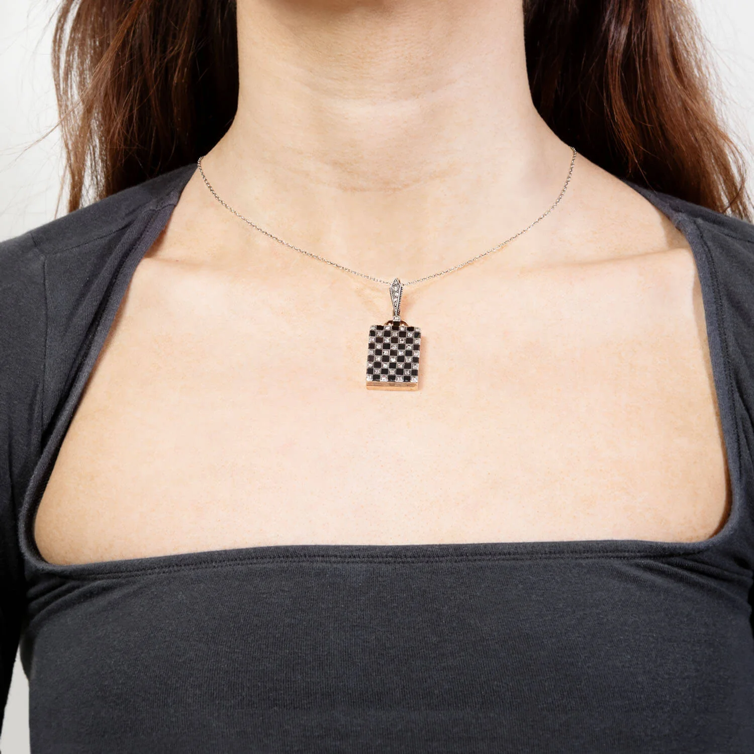 Edwardian 18kt Platinum Onyx & Diamond Checkerboard Locket - Image 6