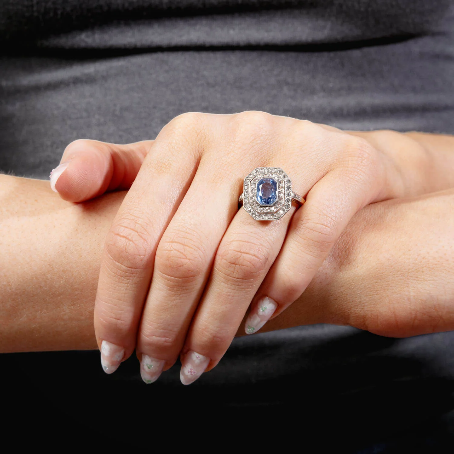 Edwardian French 18k & Platinum Sapphire Diamond Ring - Image 7