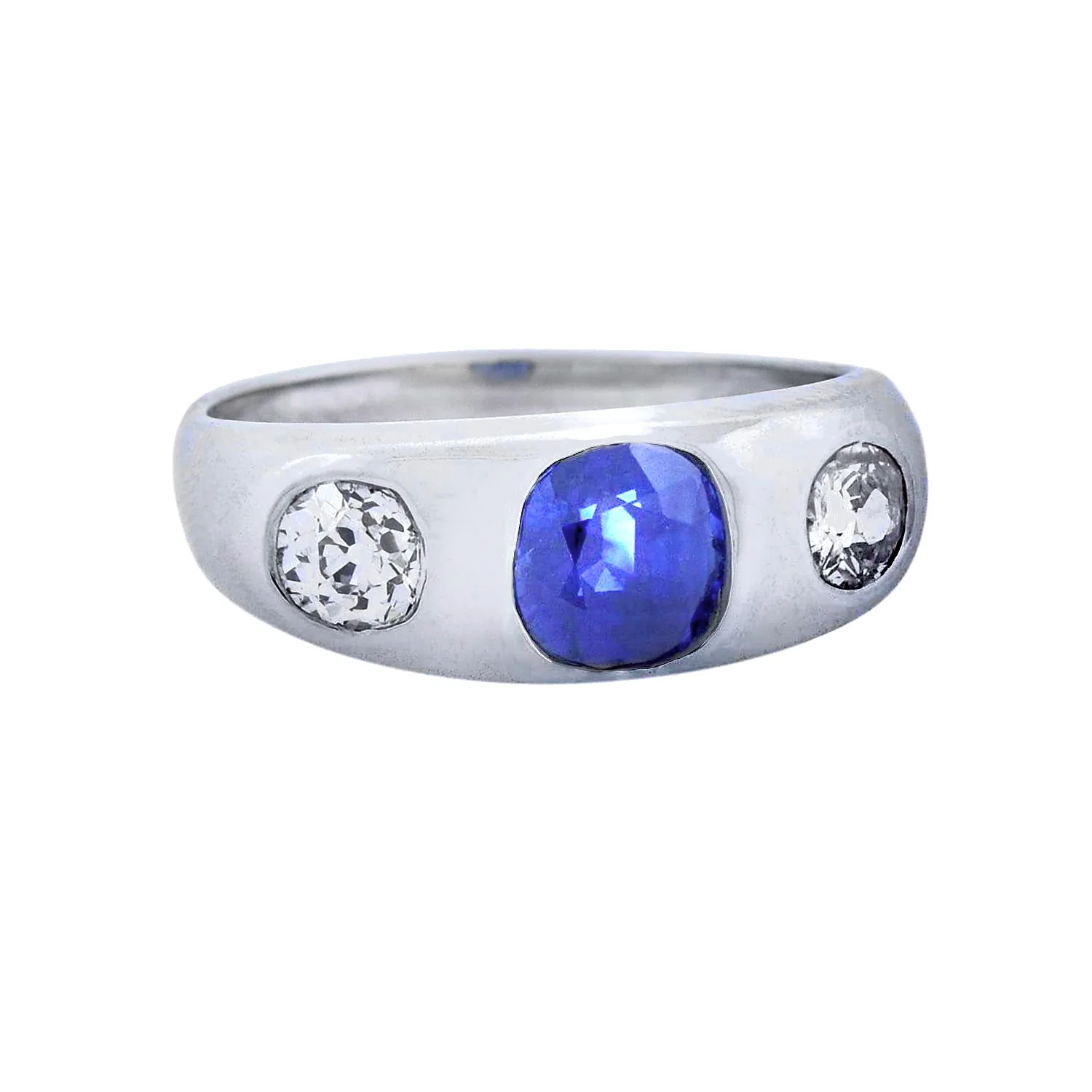 Edwardian Platinum 1.35ct Sapphire & Mine Cut Diamond Gypsy Ring - Image 2