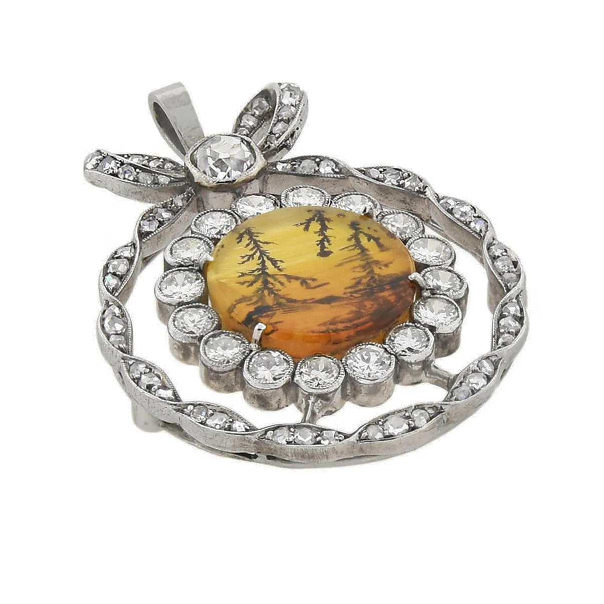 Edwardian Platinum Moss Agate + Diamond Bow Pendant 2.45ctw - Image 2