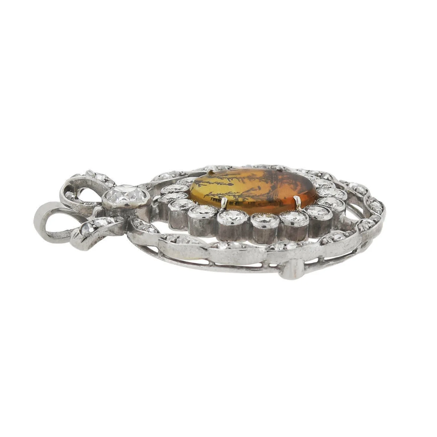 Edwardian Platinum Moss Agate + Diamond Bow Pendant 2.45ctw - Image 3