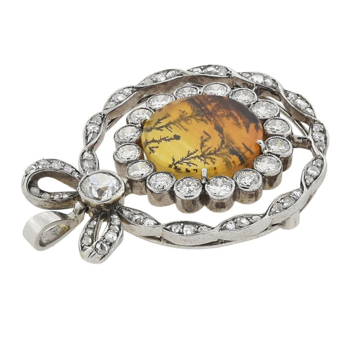 Edwardian Platinum Moss Agate + Diamond Bow Pendant 2.45ctw - Image 4