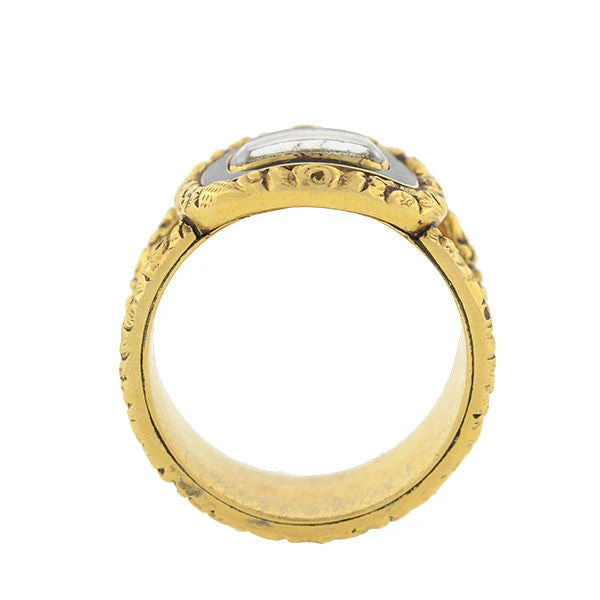 Georgian 18kt Enameled Glass Window Repousse Mourning Ring - Image 5