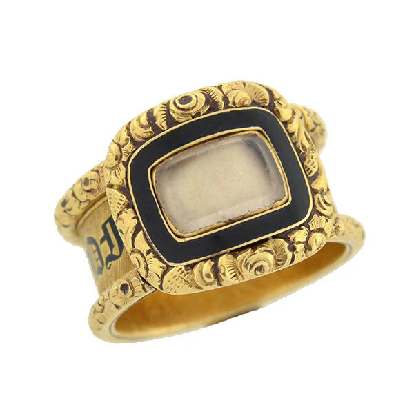 Georgian 18kt Enameled Glass Window Repousse Mourning Ring - Image 6