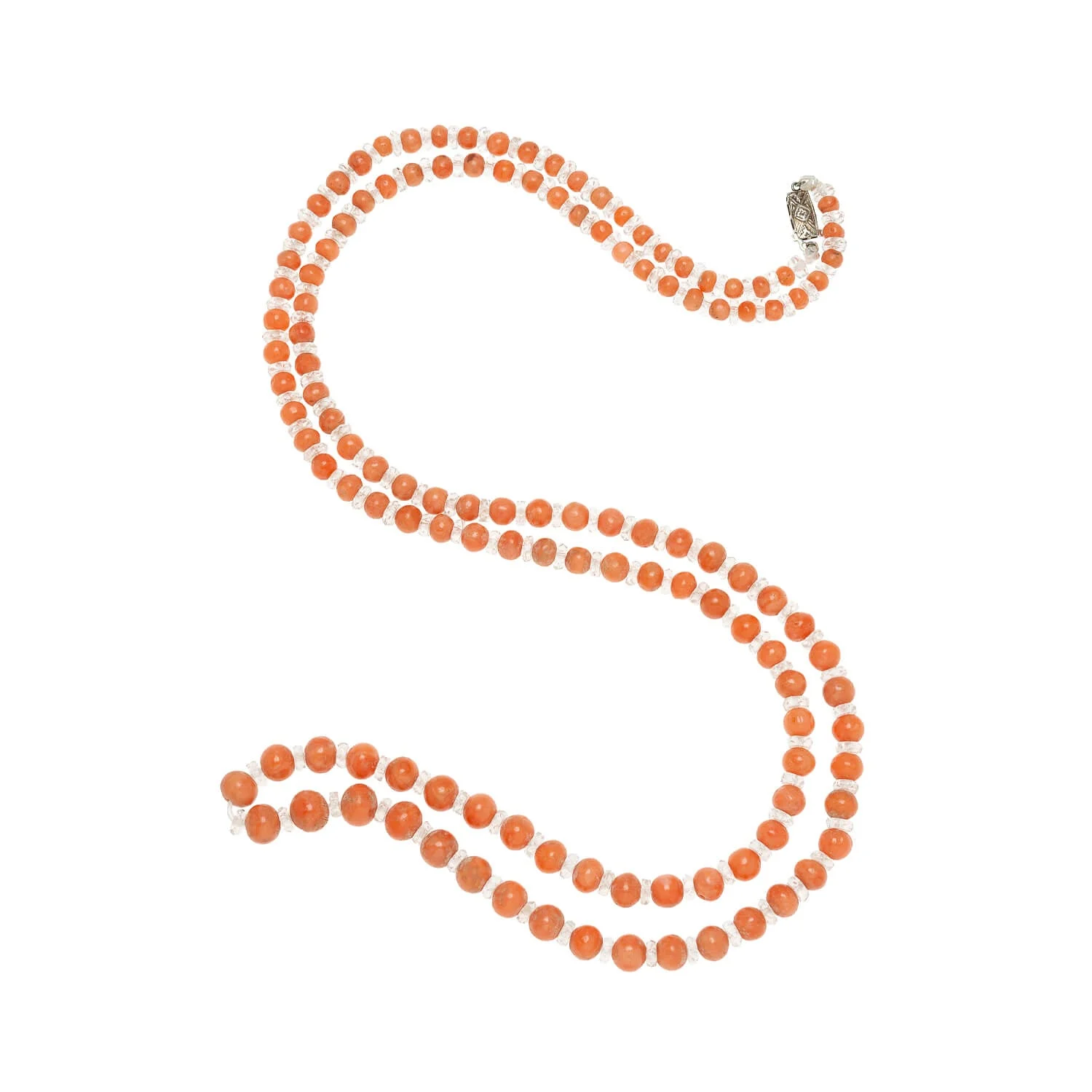Art Deco Coral + Rock Quartz Crystal Beaded Necklace 34.5" - Image 2