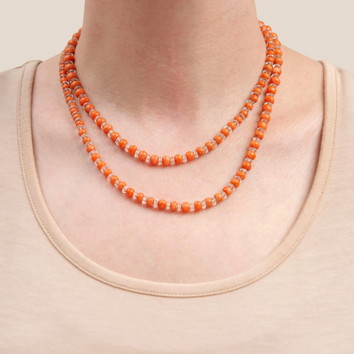 Art Deco Coral + Rock Quartz Crystal Beaded Necklace 34.5" - Image 8