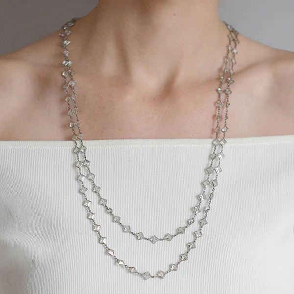 Art Deco German Silver Square Cut Crystal Necklace 55" - Image 9