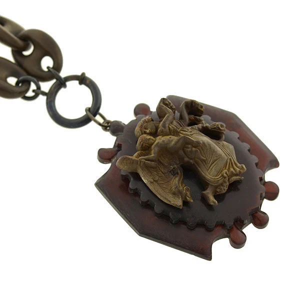 Victorian Gutta-Percha & Carved Horn Chain & Pendant - Image 3