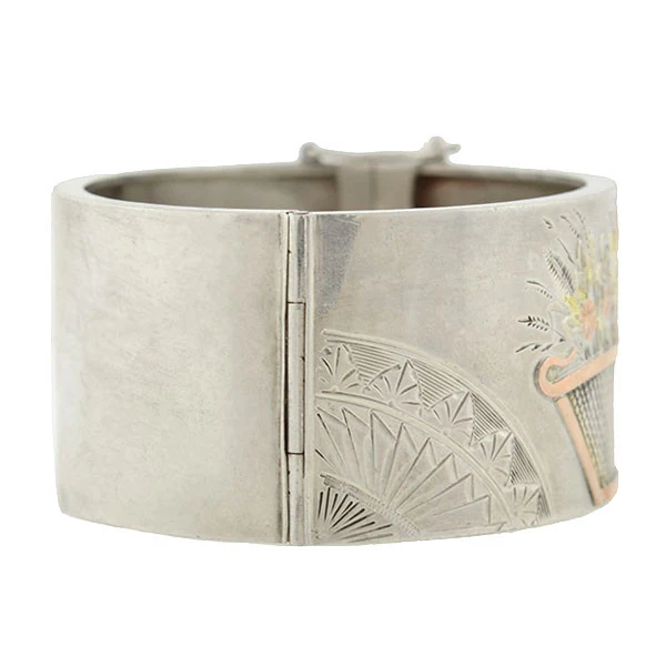Victorian Sterling Silver Mixed Metals Bangle Bracelet - Image 4
