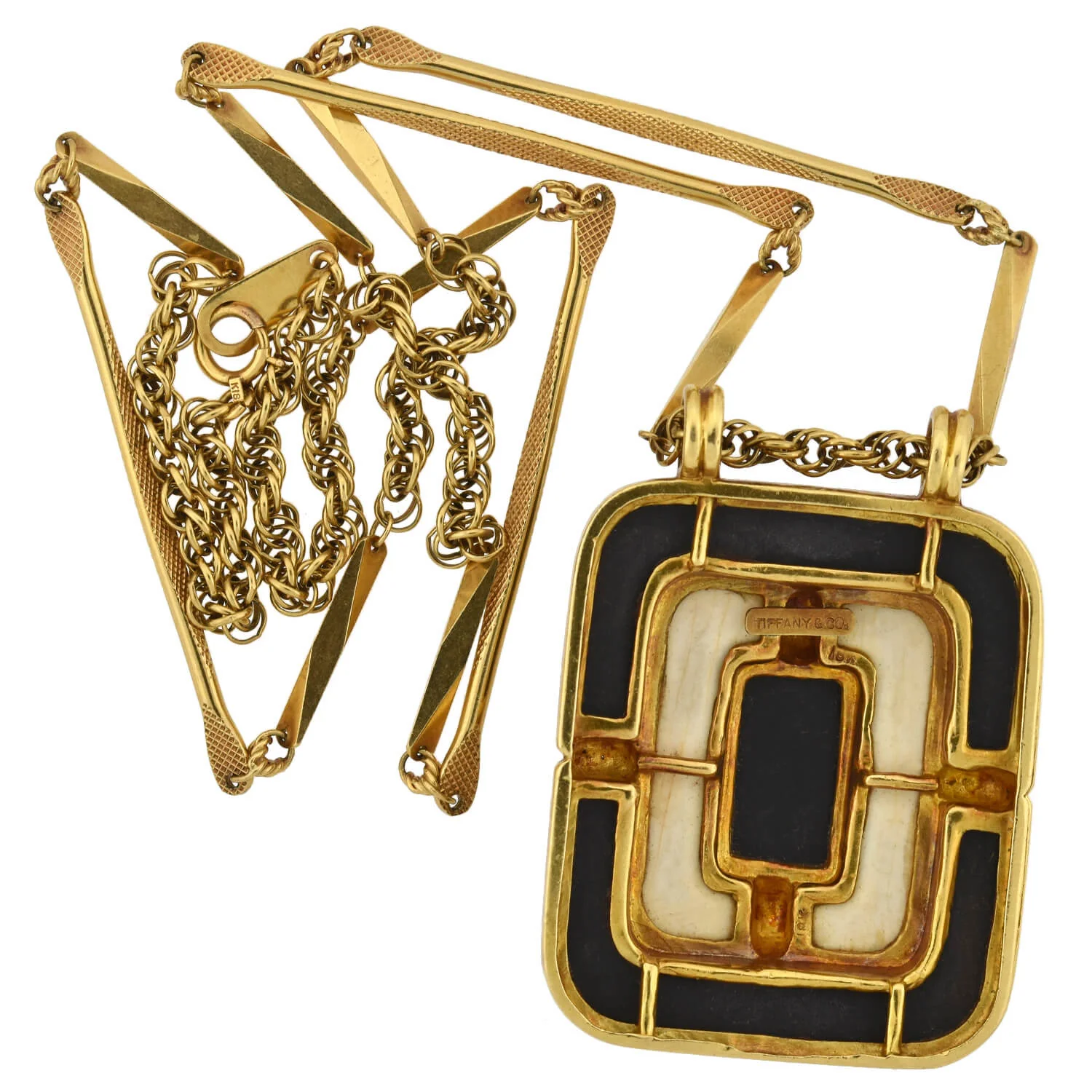TIFFANY & Co. Ca. 1960 Large 18kt Onyx + Ivory Pendant Necklace 24.5" - Image 7