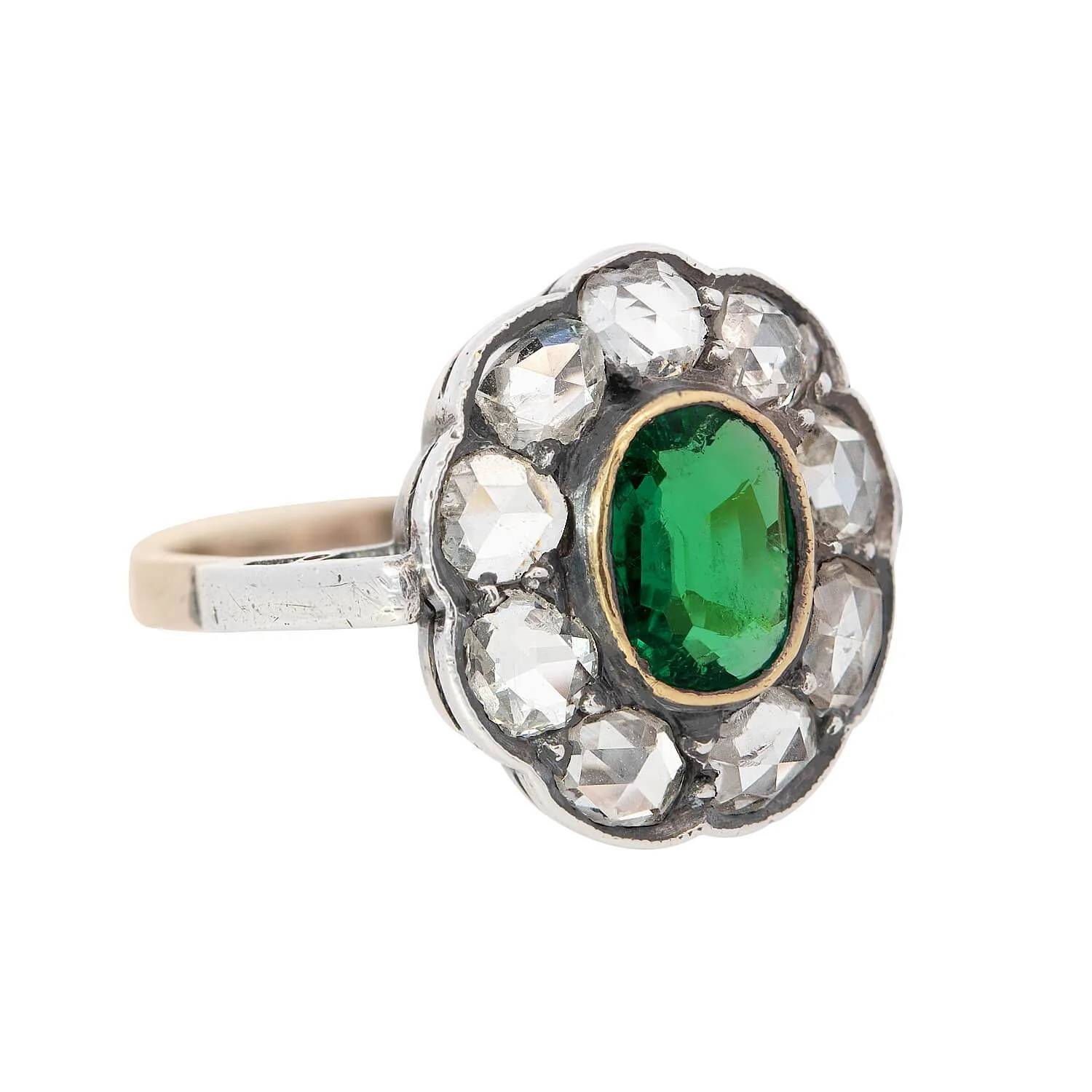 Victorian 14k/Sterling Silver Emerald and Diamond Halo Ring - Image 2