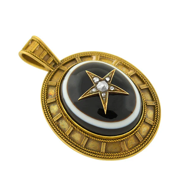 Victorian 14kt Banded Agate & Diamond Star Locket/Pendant - Image 2