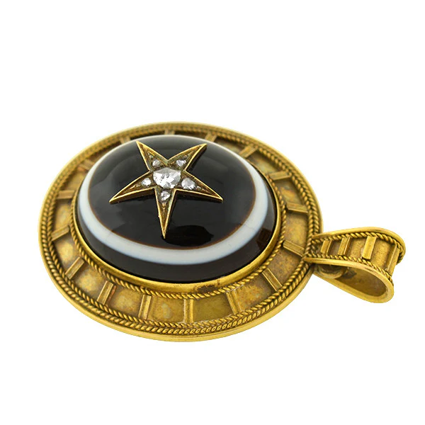Victorian 14kt Banded Agate & Diamond Star Locket/Pendant - Image 3