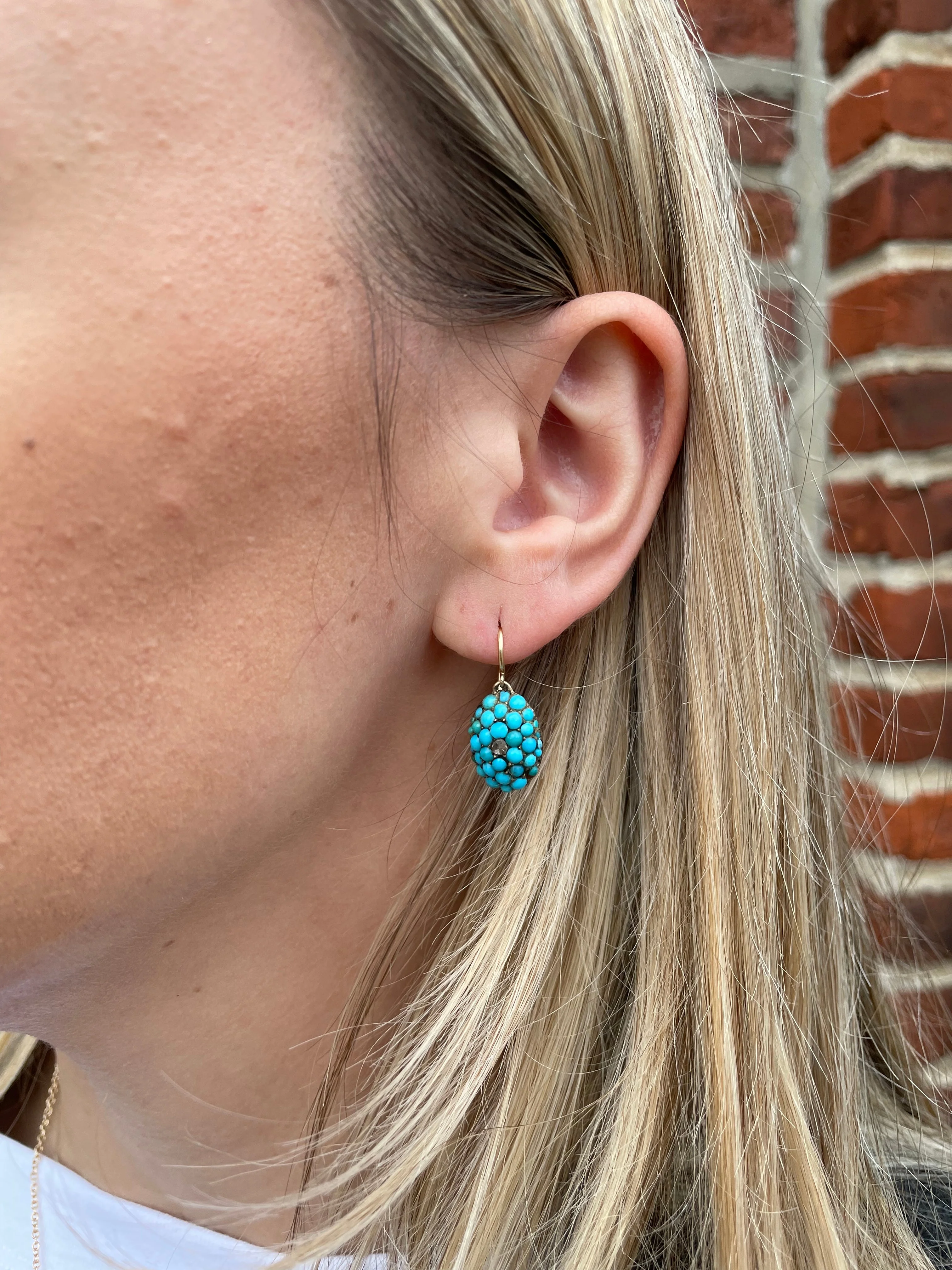 Victorian 14kt Persian Turquoise + Rose Cut Diamond Earrings - Image 4