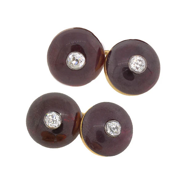 Victorian 15kt Cabochon Garnet & 1ctw Diamond Cufflinks