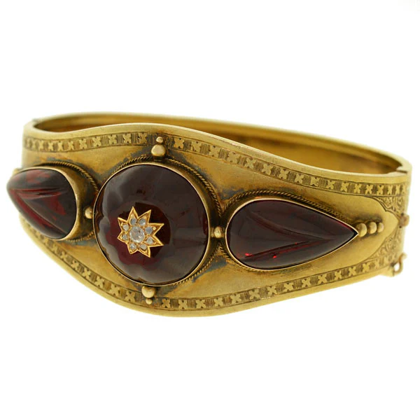 Victorian 15kt Carved Garnet Diamond Bracelet - Image 3