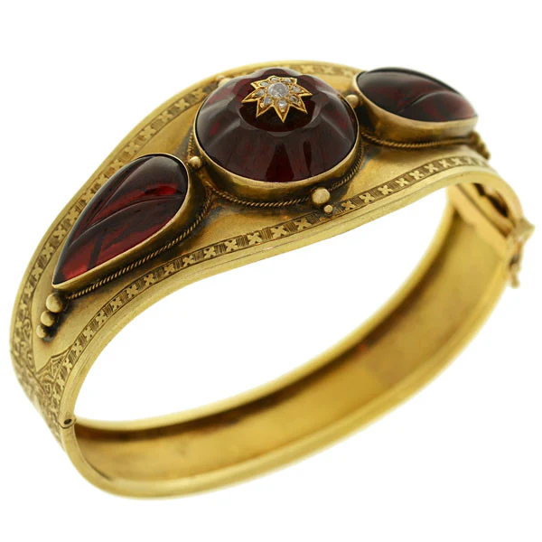 Victorian 15kt Carved Garnet Diamond Bracelet - Image 5