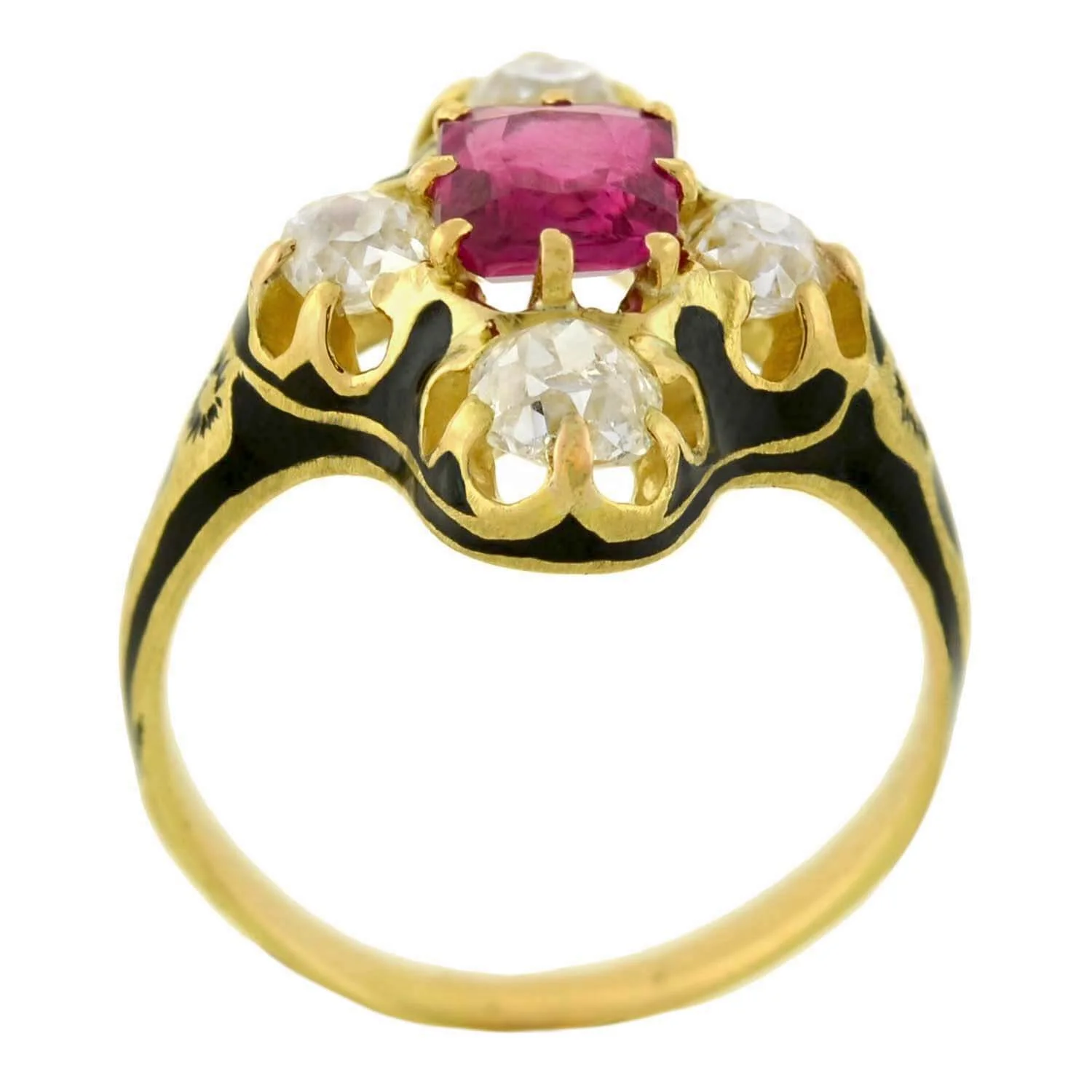 Victorian 18kt Natural No Heat Burma Ruby + Diamond Enamel Ring - Image 3