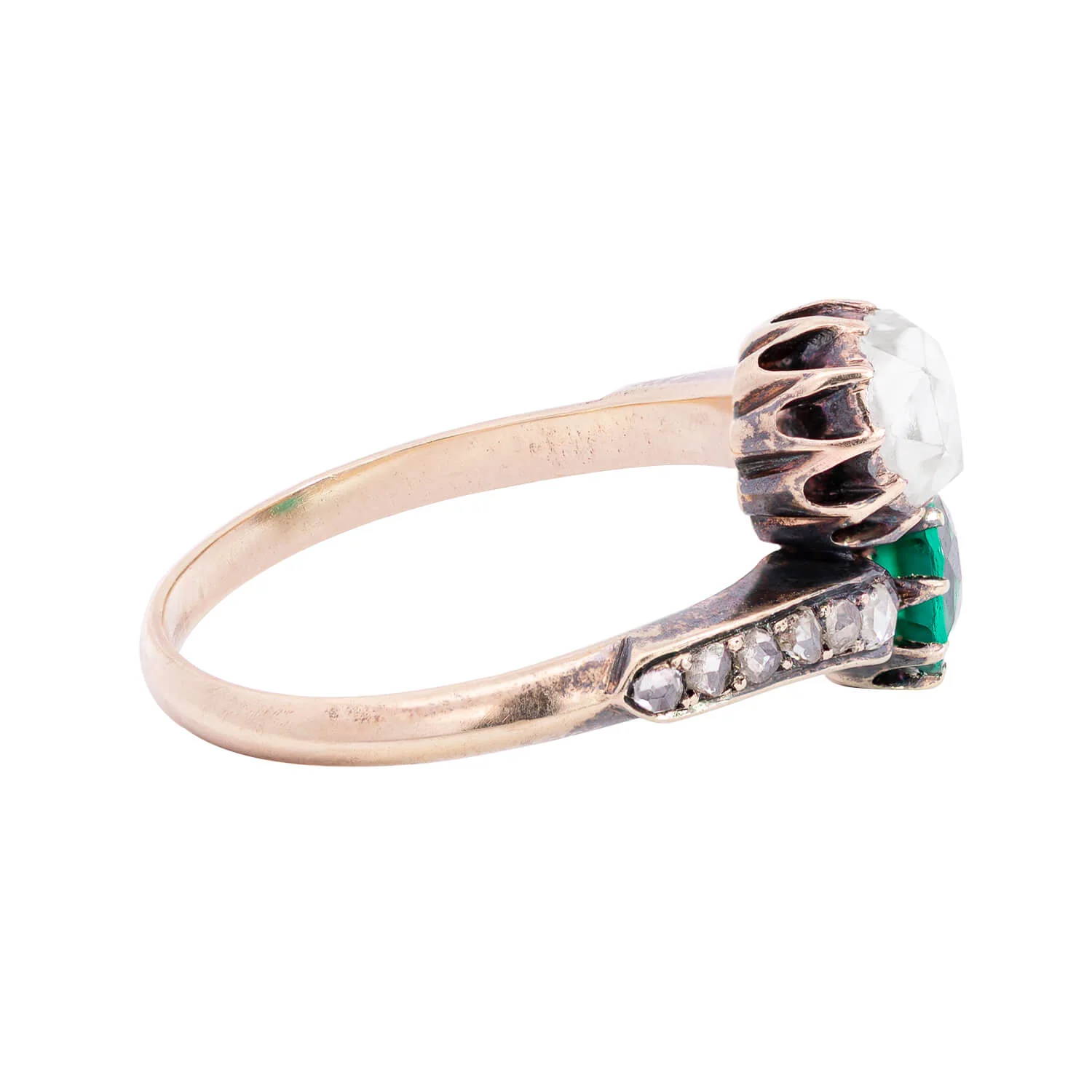 Victorian 18kt/Sterling Diamond + Emerald Moi et Toi Bypass Ring - Image 3