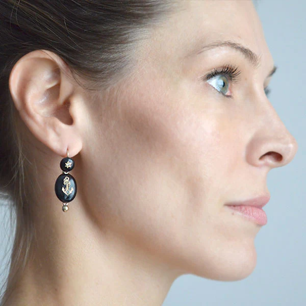 Victorian Sterling Enameled Diamond Anchor Earrings - Image 7