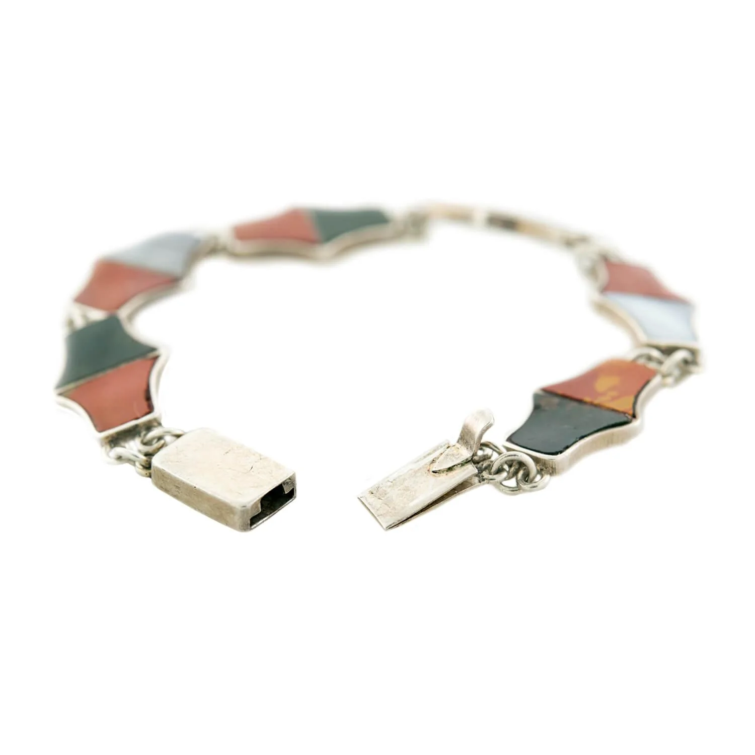 Early Art Deco English Sterling Silver Scottish Agate Link Bracelet - Image 5