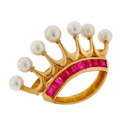 Early Retro 14kt Yellow Gold Ruby & Pearl Crown Pin - Image 3