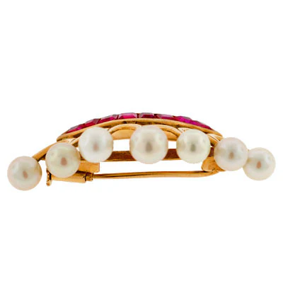 Early Retro 14kt Yellow Gold Ruby & Pearl Crown Pin - Image 4