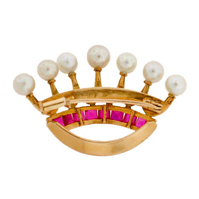 Early Retro 14kt Yellow Gold Ruby & Pearl Crown Pin - Image 6