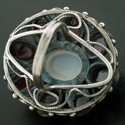 Early Retro Huge Sterling Moonstone & Garnet Cluster Ring - Image 5