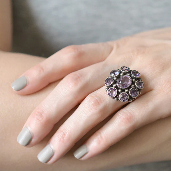 Early Retro Sterling Amethyst Cluster Ring - Image 8
