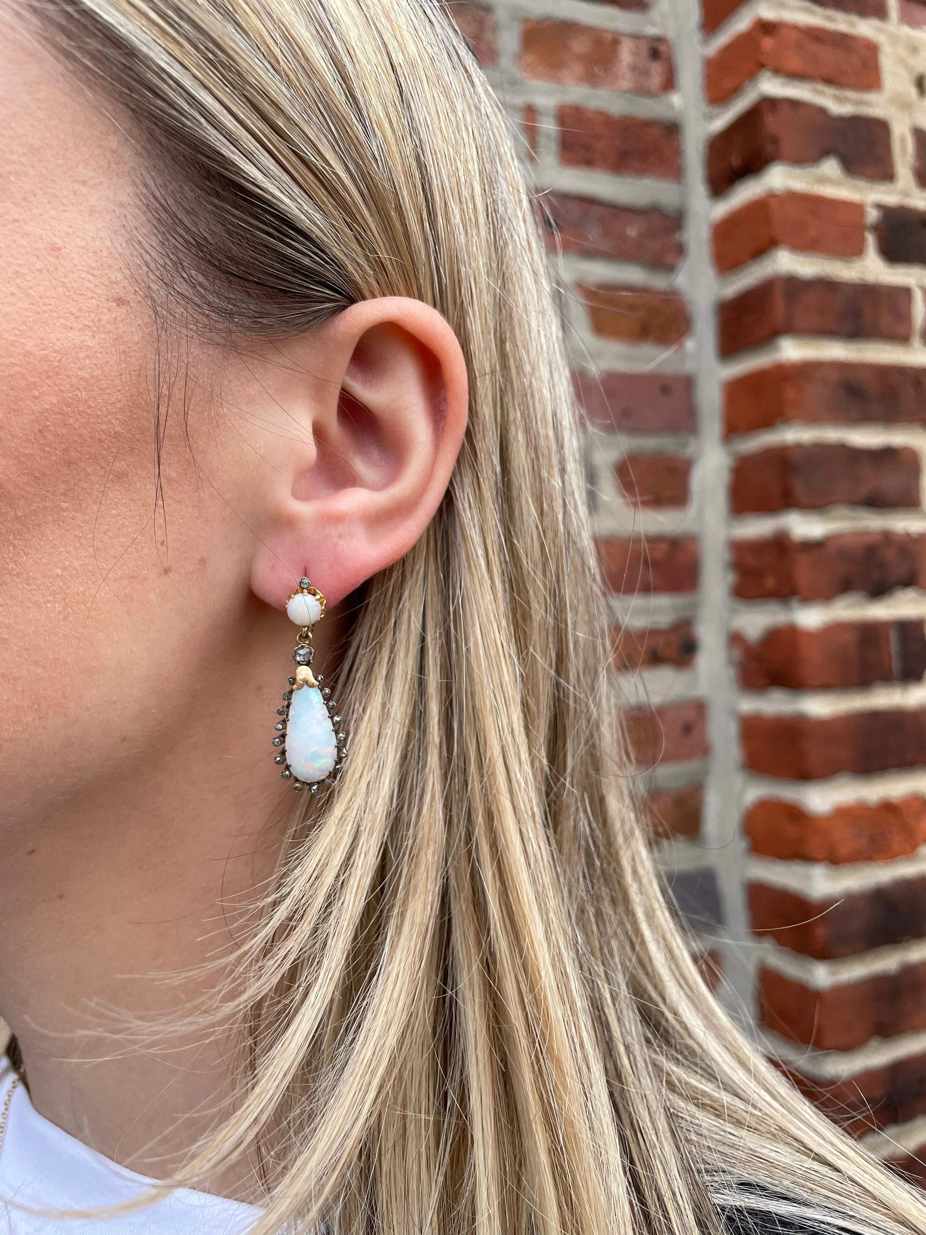 Early Victorian 18k Opal and Diamond Dangle Earrings - Image 5