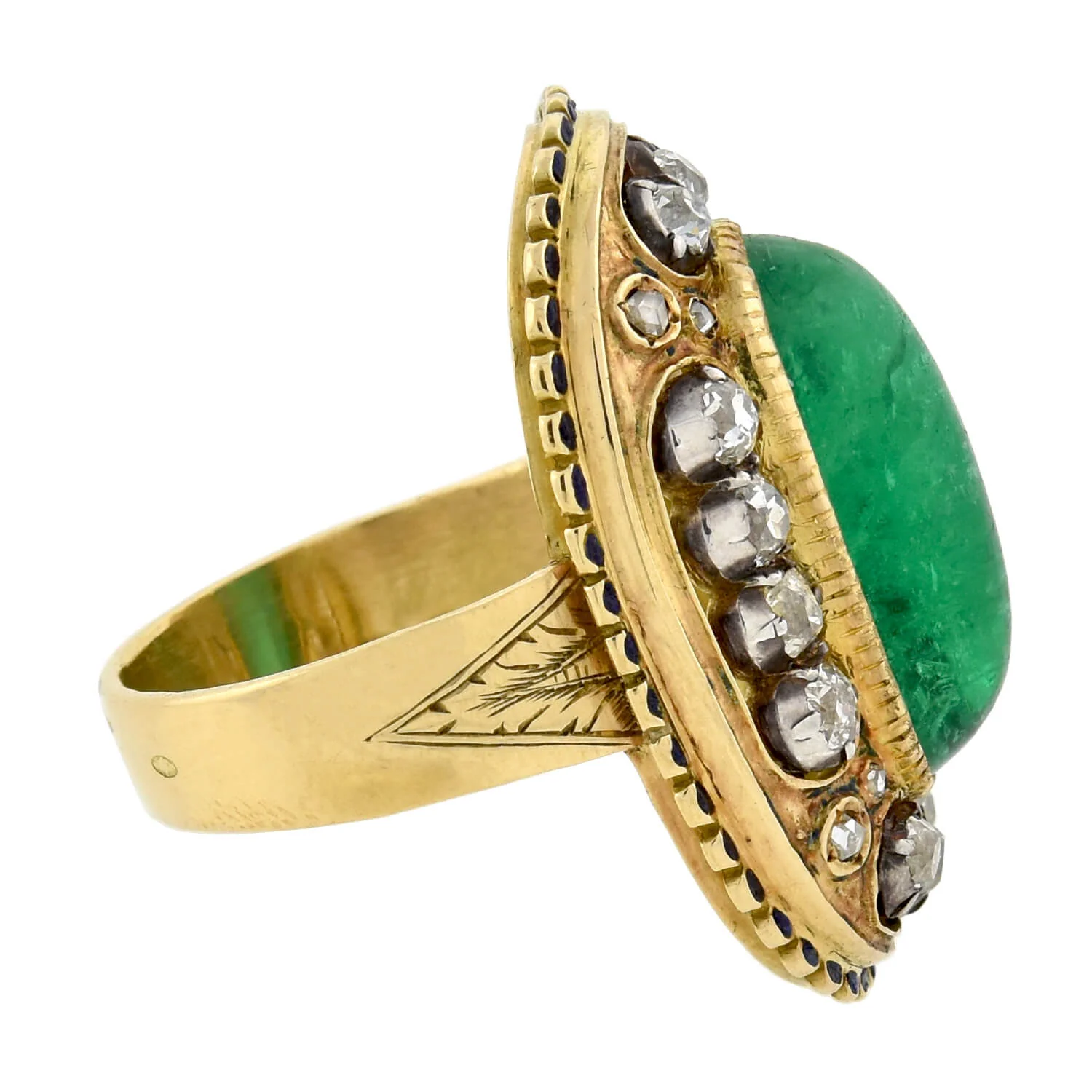 Art Nouveau 18kt/Sterling Large Enameled 6.50ct Emerald + Diamond Ring - Image 2
