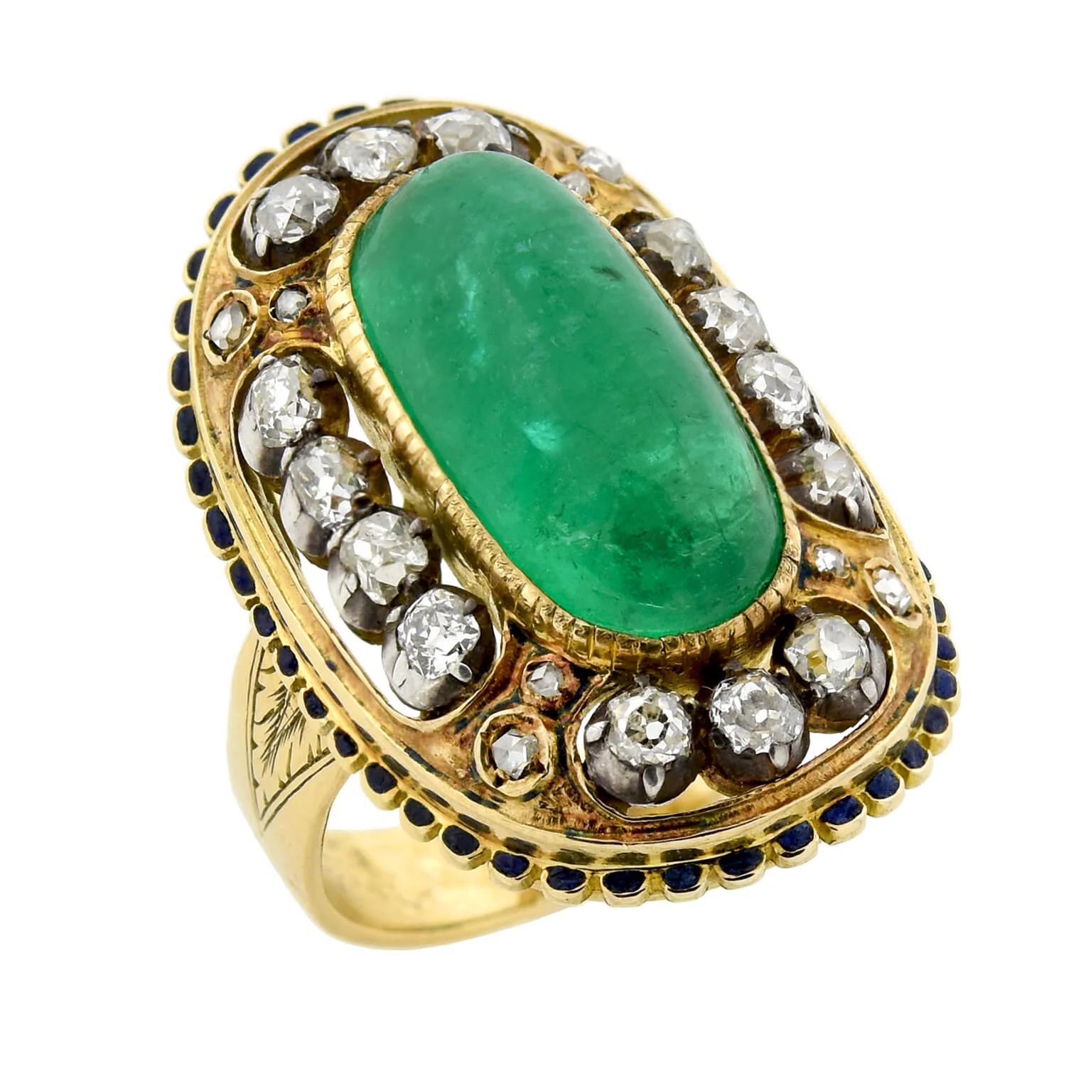 Art Nouveau 18kt/Sterling Large Enameled 6.50ct Emerald + Diamond Ring - Image 3