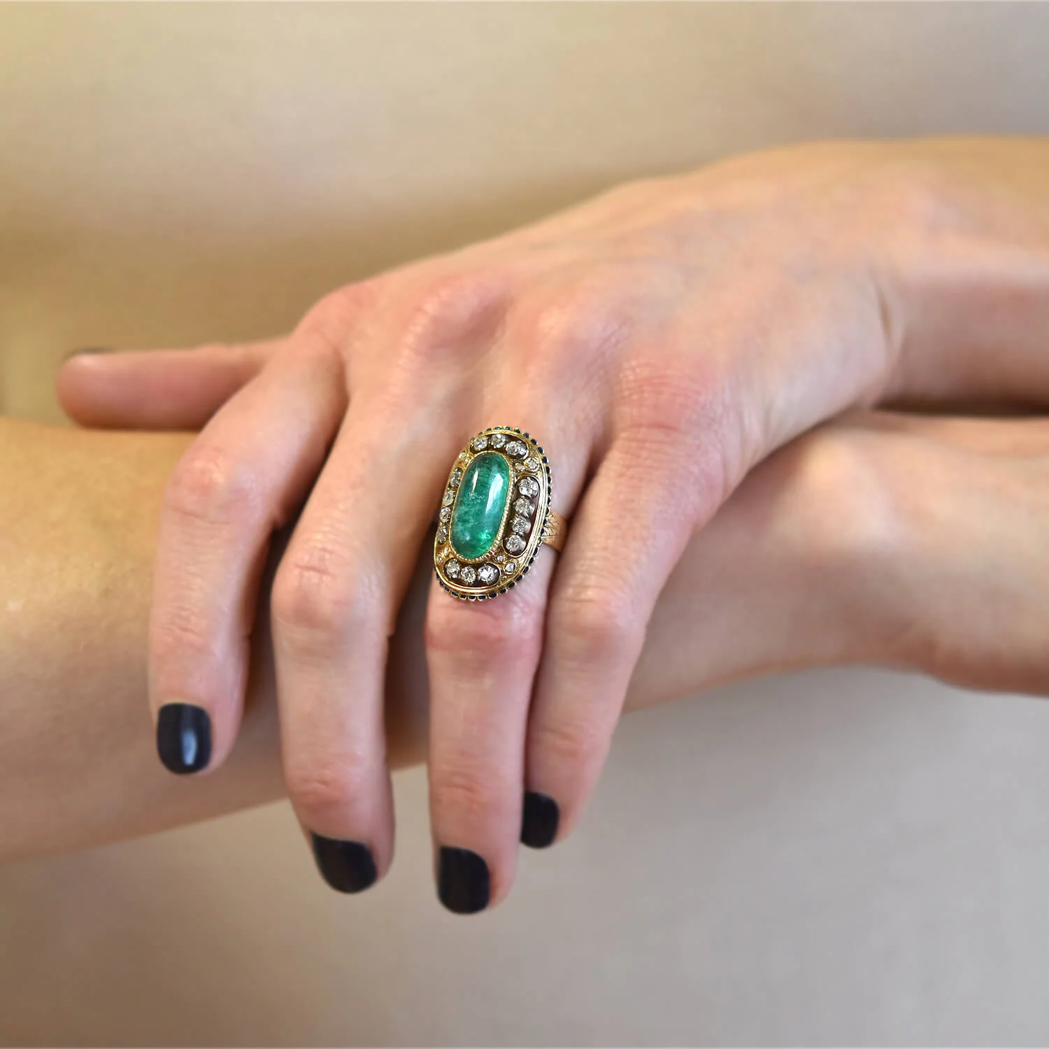 Art Nouveau 18kt/Sterling Large Enameled 6.50ct Emerald + Diamond Ring - Image 6