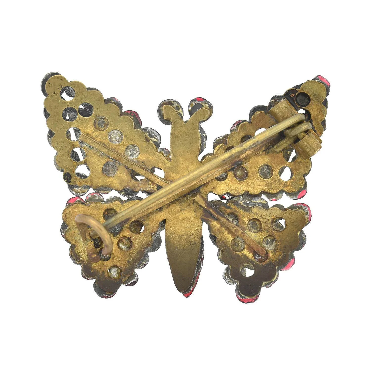 Early Victorian Brass Red Vauxhall Glass Butterfly Pin - Image 4