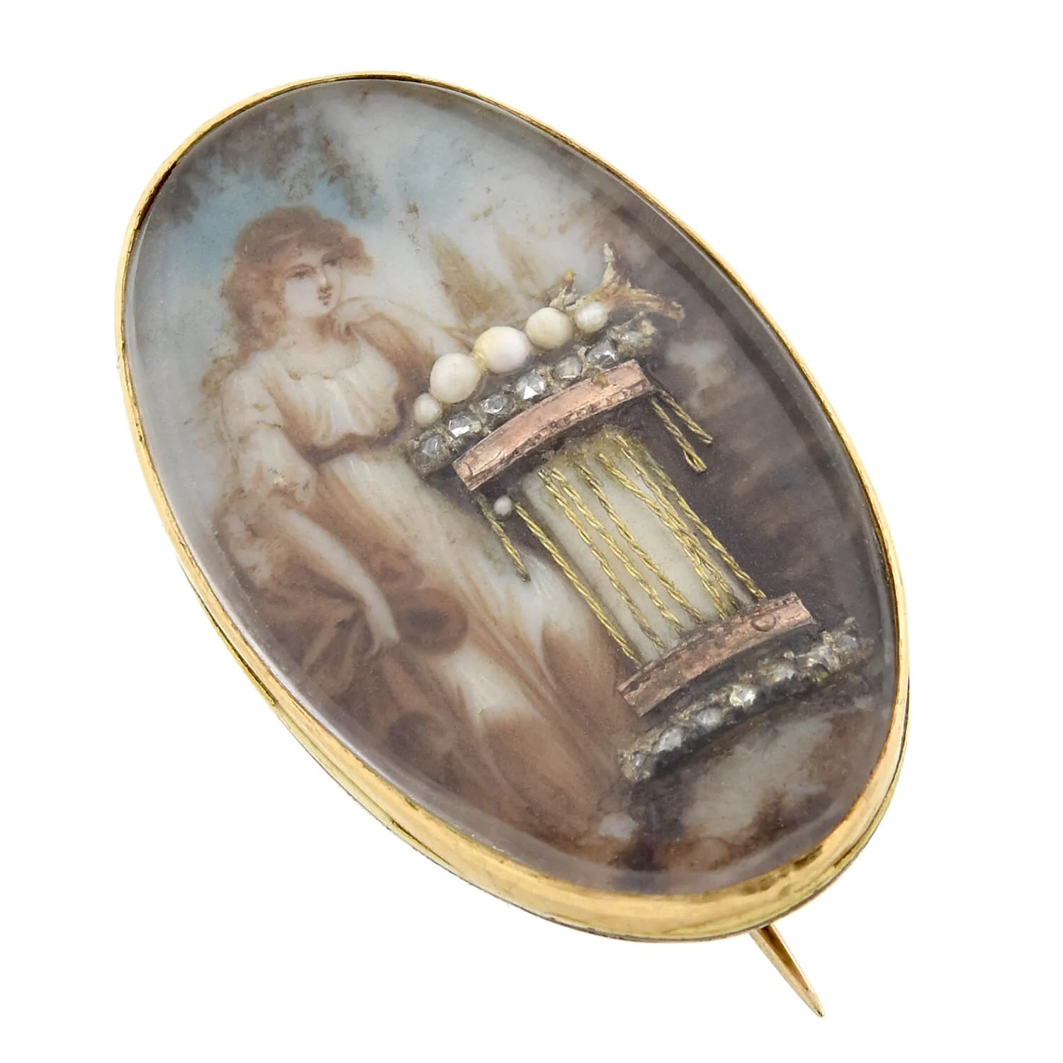 Early Victorian Hand Painted Porcelain, Pearl + Diamond Mourning Pin - Image 2