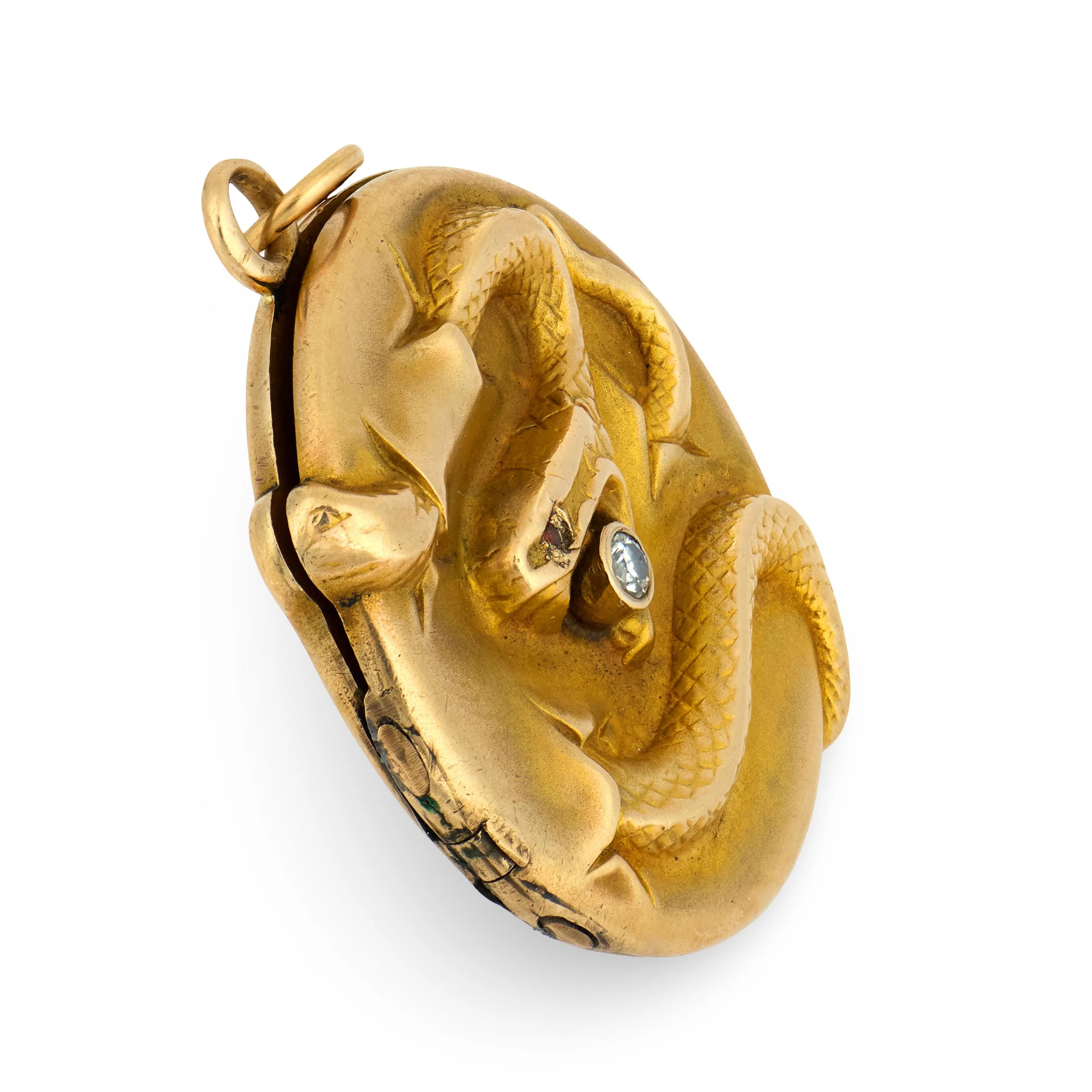 Edwardian 10k Diamond & Garnet Repousse Snake Locket Pendant - Image 2